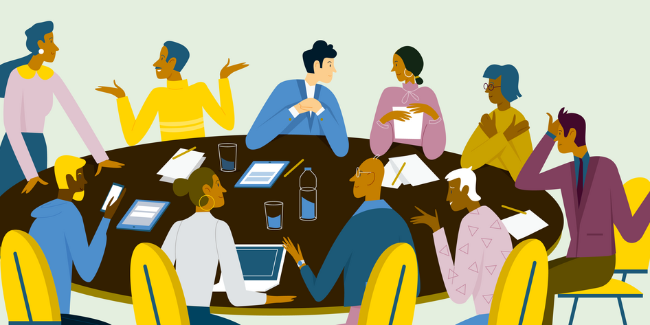 Arbeitsgruppe: Personen sitzen am Tisch und diskutieren