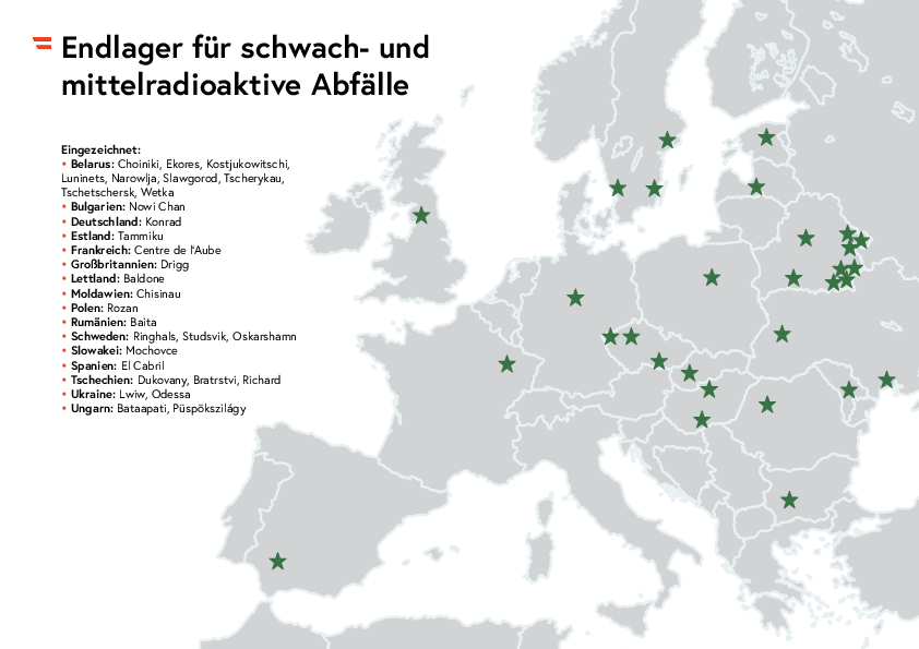 Zu sehen ist eine Europkarte mit Orten die mit einen grünen Stern makiert sind; Eingezeichnet: • Belarus: Choiniki, Ekores, Kostjukowitschi, Luninets, Narowlja, Slawgorod, Tscherykau, Tschetschersk, Wetka • Bulgarien: Nowi Chan • Deutschland: Konrad • Estland: Tammiku • Frankreich: Centre de l‘Aube • Großbritannien: Drigg • Lettland: Baldone • Moldawien: Chisinau • Polen: Rozan • Rumänien: Baita • Schweden: Ringhals, Studsvik, Oskarshamn • Slowakei: Mochovce • Spanien: El Cabril • Tschechien: Dukovany, Bratrstvi, Richard • Ukraine: Lwiw, Odessa • Ungarn: Bataapati, Püspökszilágy